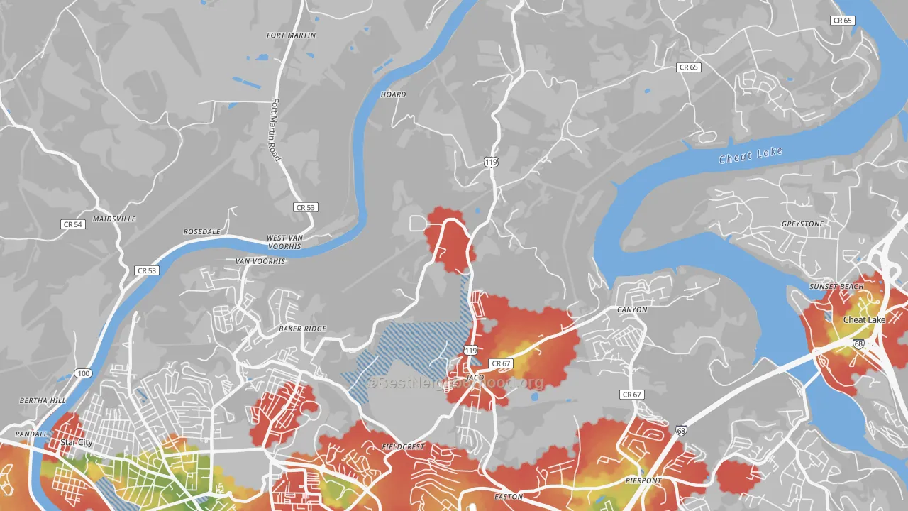 Walk Grade map of Baker Ridge, WV, walkable areas in green and car-dependent areas in red