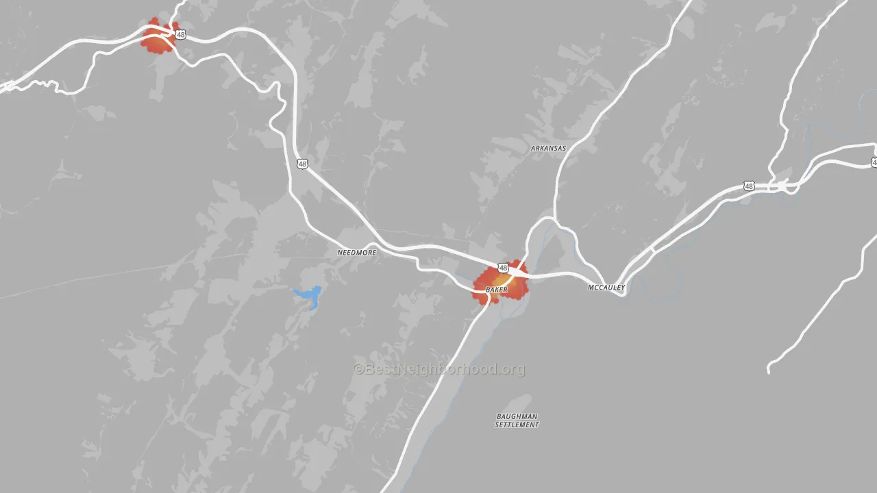 Walk Grade map of Baker, WV, walkable areas in green and car-dependent areas in red