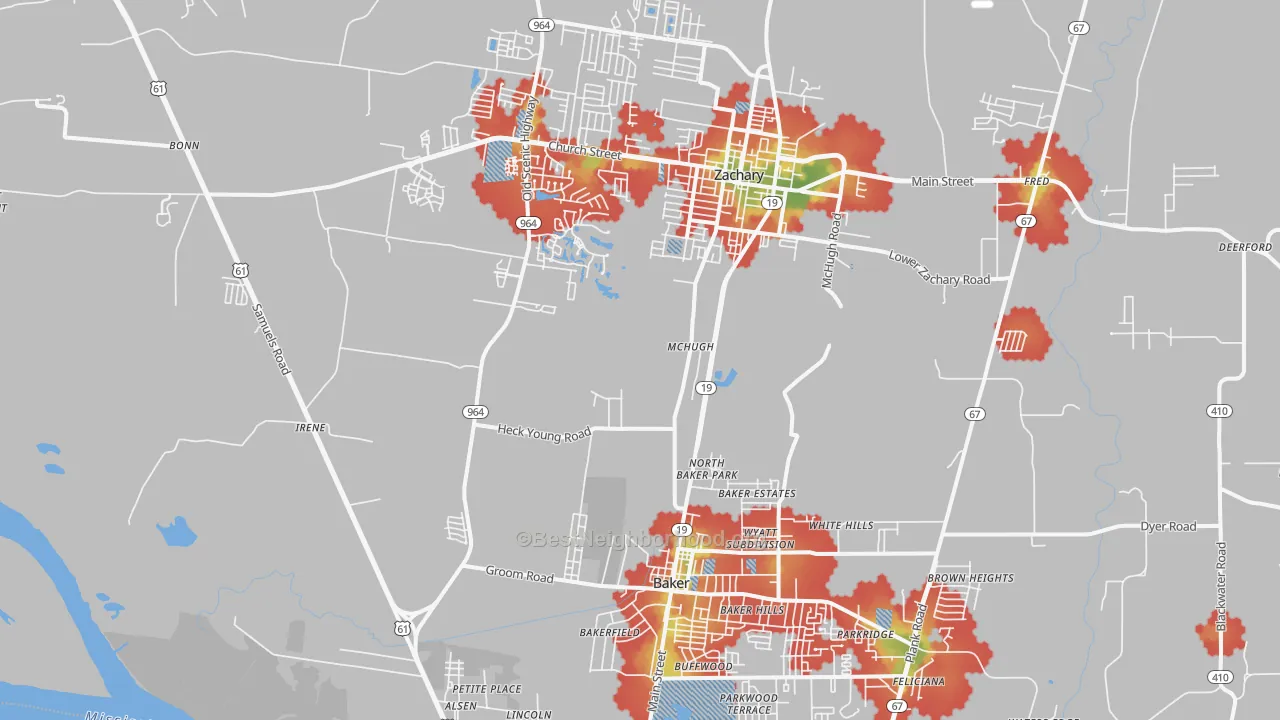 Walk Grade map of Baker-Zachary Area, Baker, LA, walkable areas in green and car-dependent areas in red