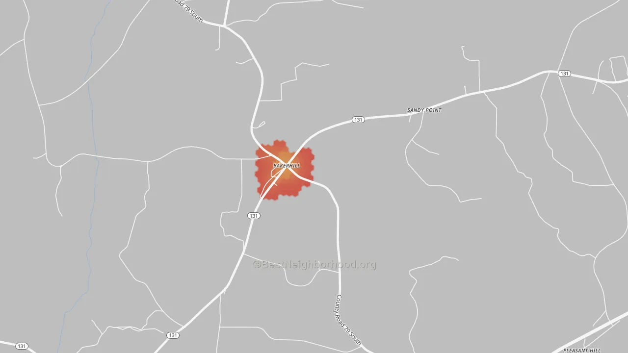 Walk Grade map of Bakerhill, AL, walkable areas in green and car-dependent areas in red