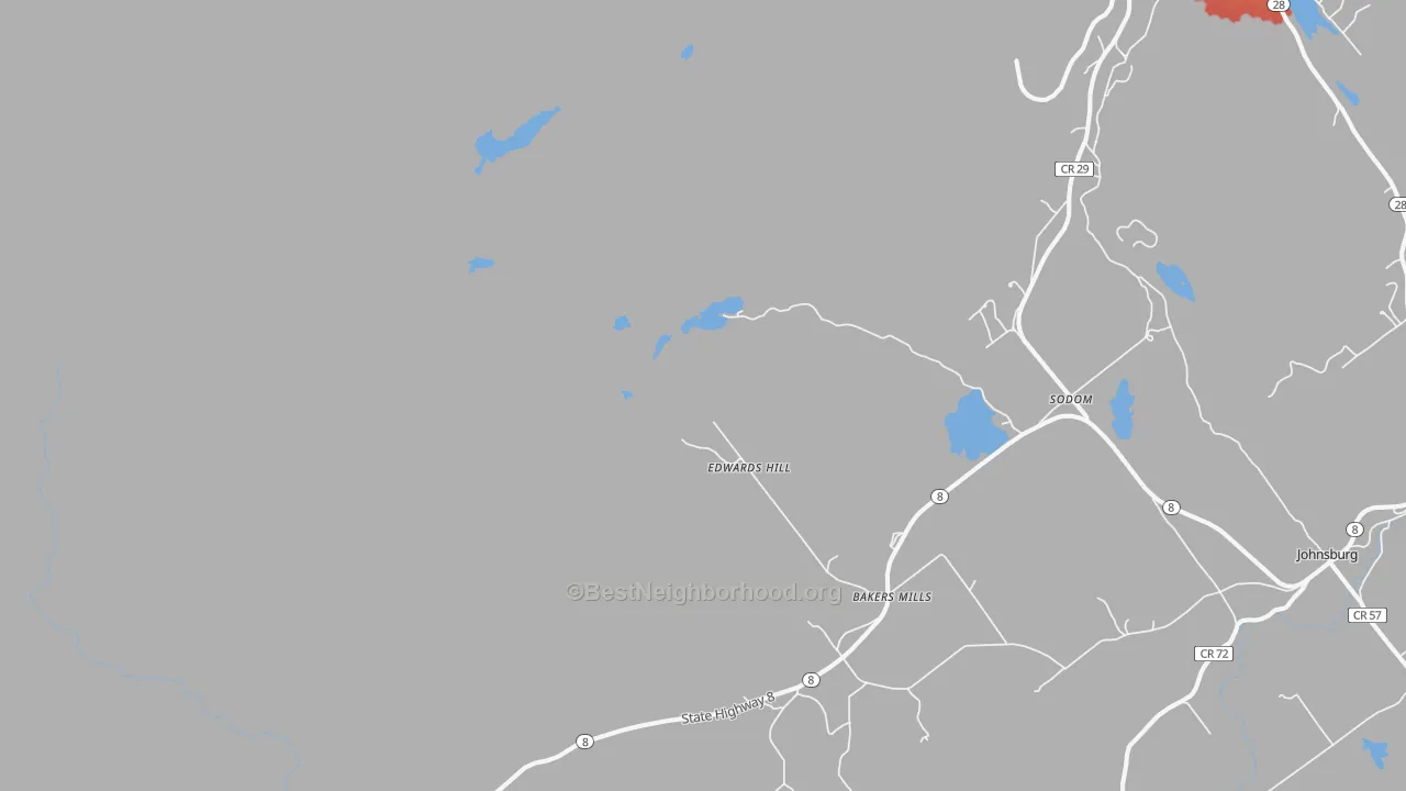 Walk Grade map of Bakers Mills, NY, walkable areas in green and car-dependent areas in red