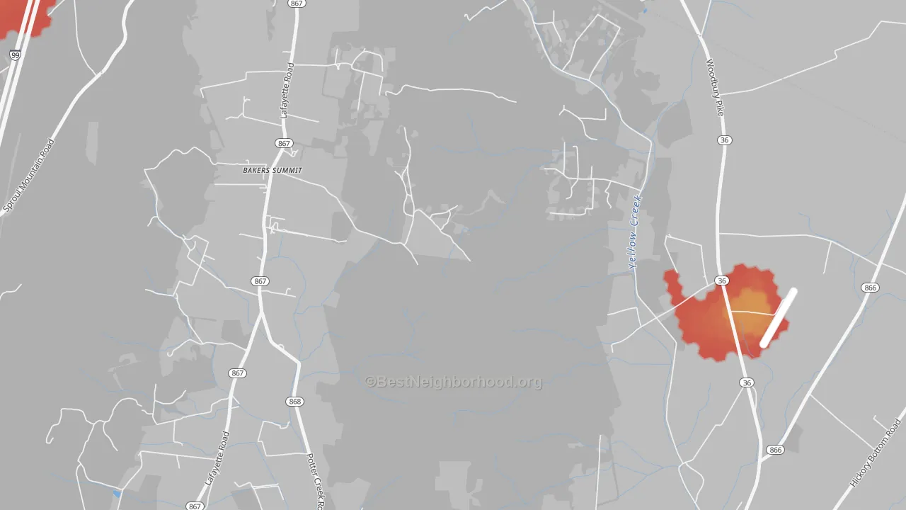 Walk Grade map of Bakers Summit, PA, walkable areas in green and car-dependent areas in red