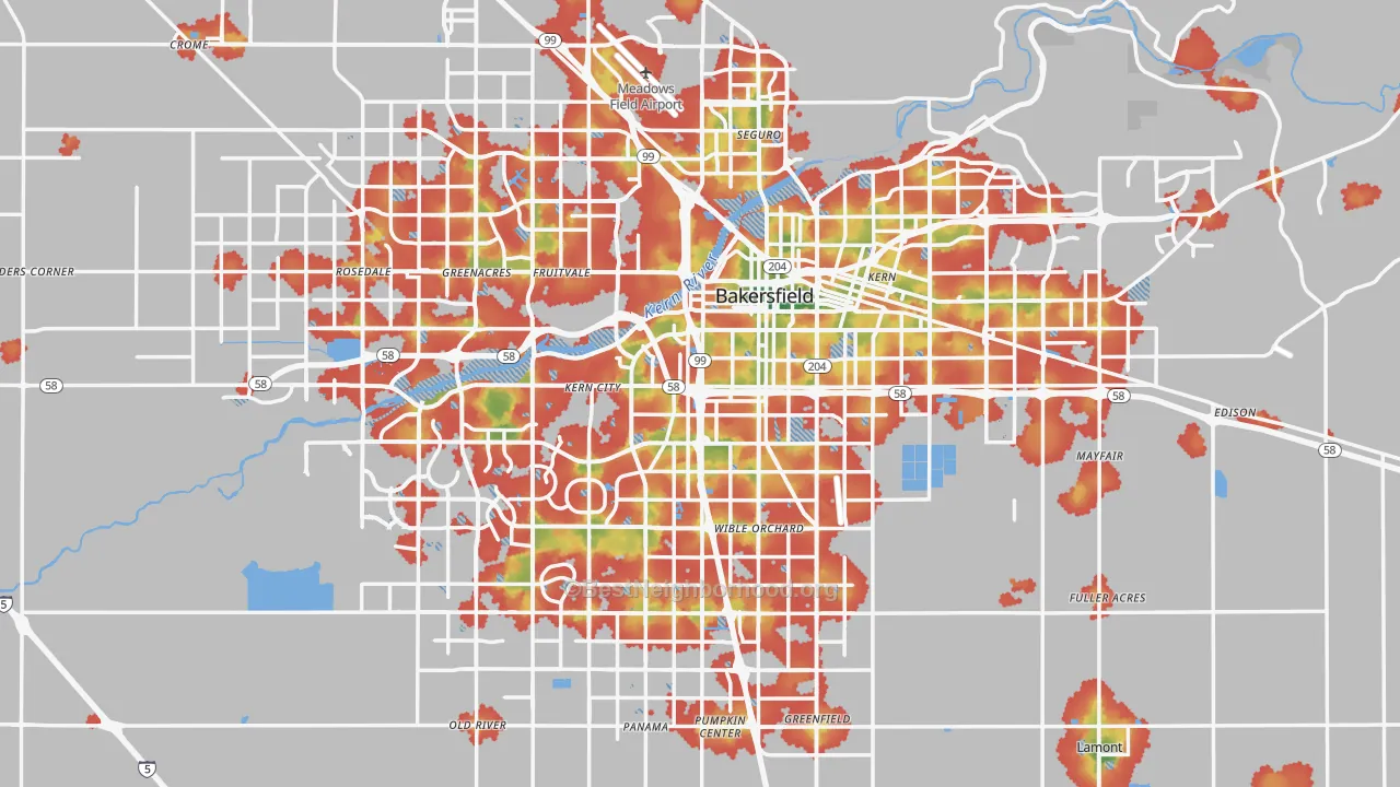 Walk Grade map of Bakersfield, CA, walkable areas in green and car-dependent areas in red