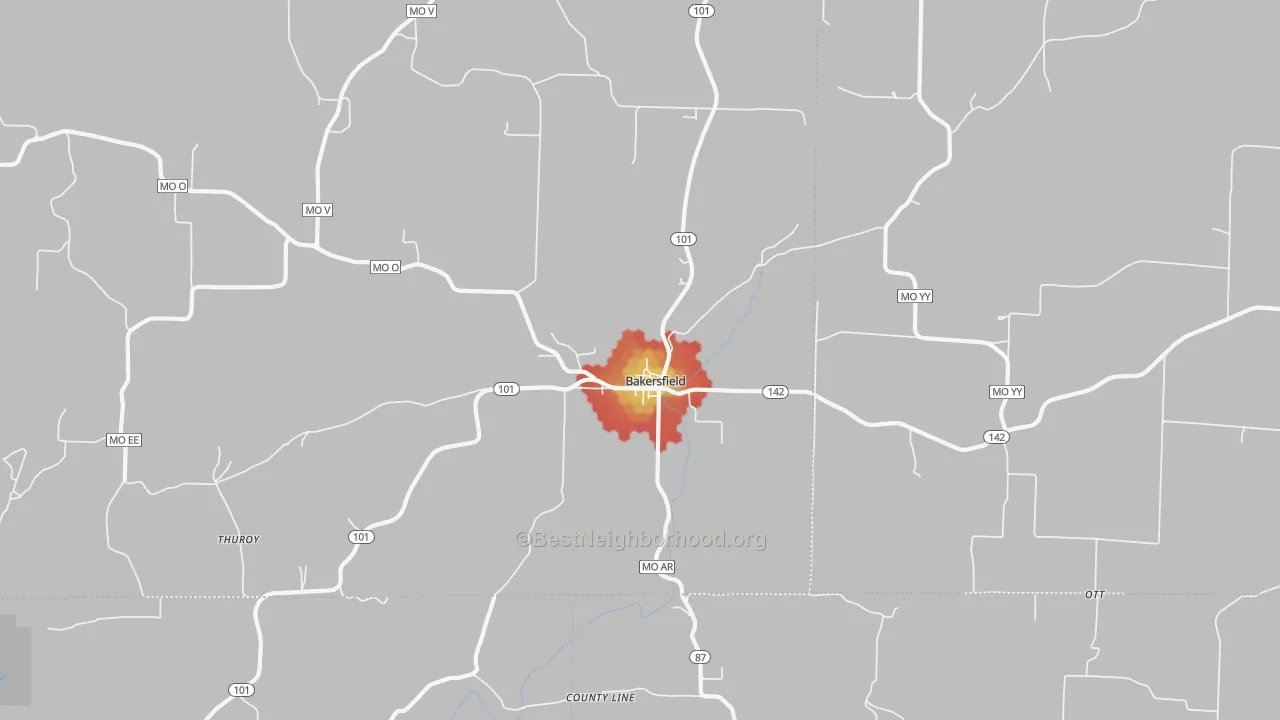 Walk Grade map of Bakersfield, MO, walkable areas in green and car-dependent areas in red
