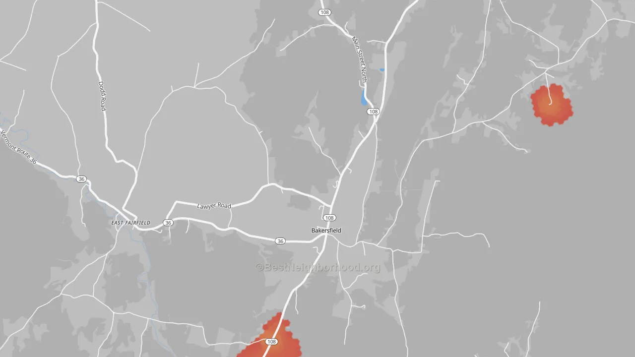 Walk Grade map of Bakersfield, VT, walkable areas in green and car-dependent areas in red