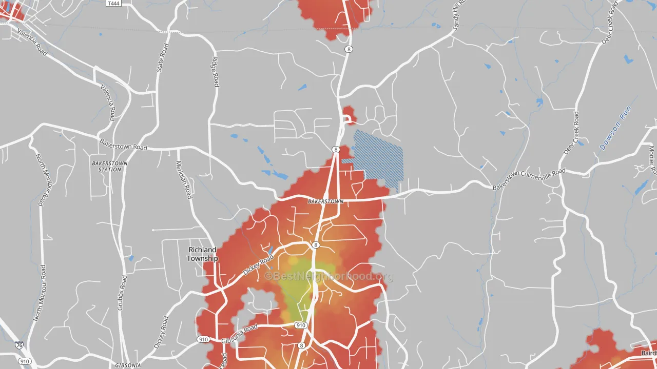 Walk Grade map of Bakerstown, PA, walkable areas in green and car-dependent areas in red