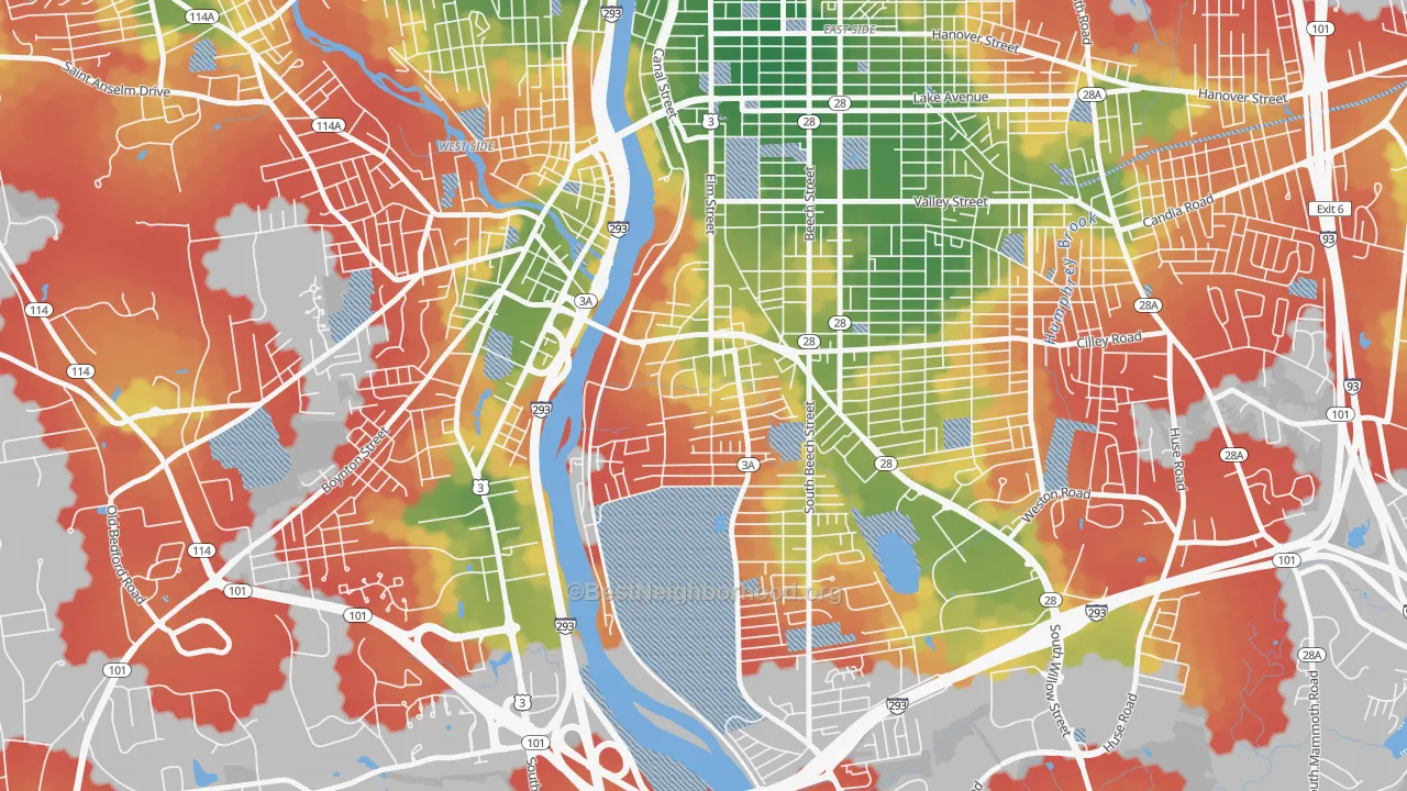 Walk Grade map of Bakersville, Manchester, NH, walkable areas in green and car-dependent areas in red