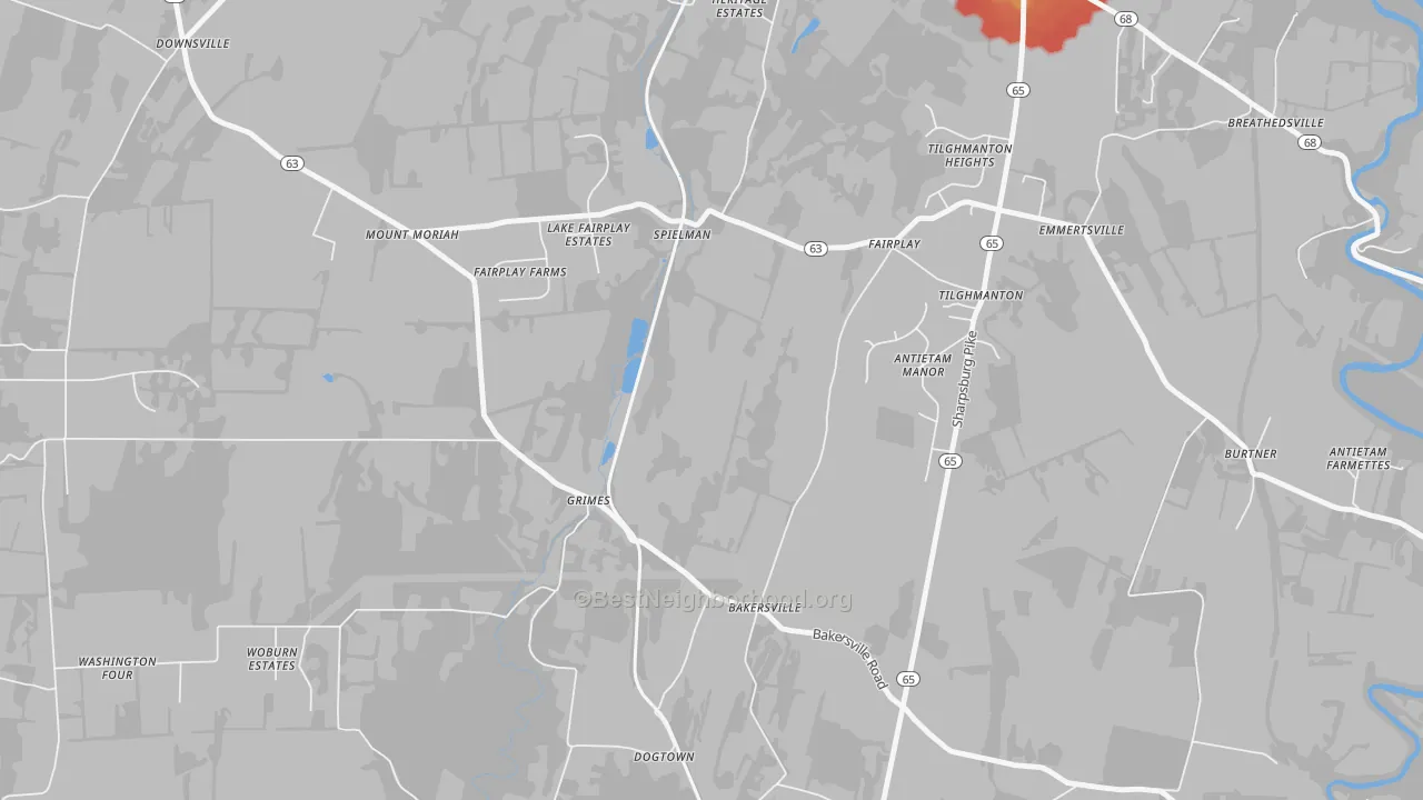 Walk Grade map of Bakersville, MD, walkable areas in green and car-dependent areas in red