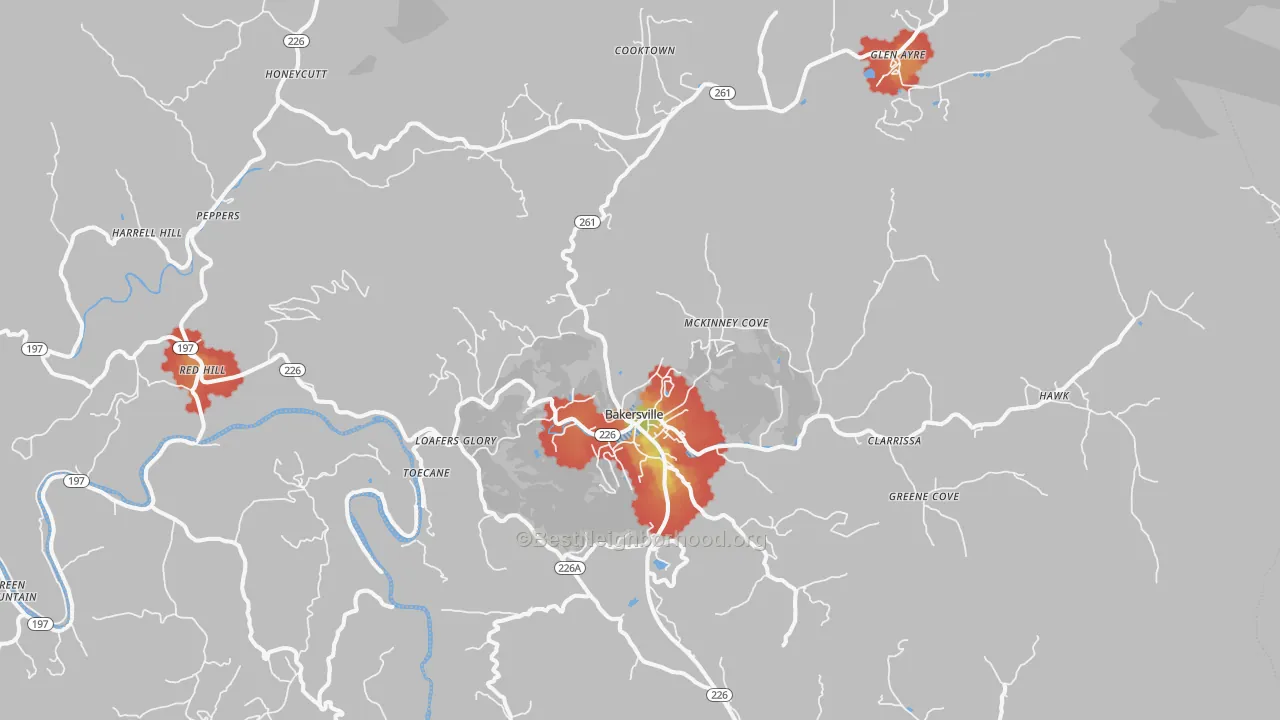 Walk Grade map of Bakersville, NC, walkable areas in green and car-dependent areas in red