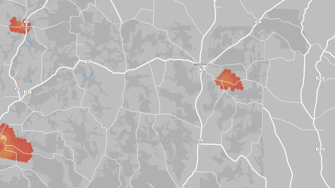 Walk Grade map of Bakersville, OH, walkable areas in green and car-dependent areas in red