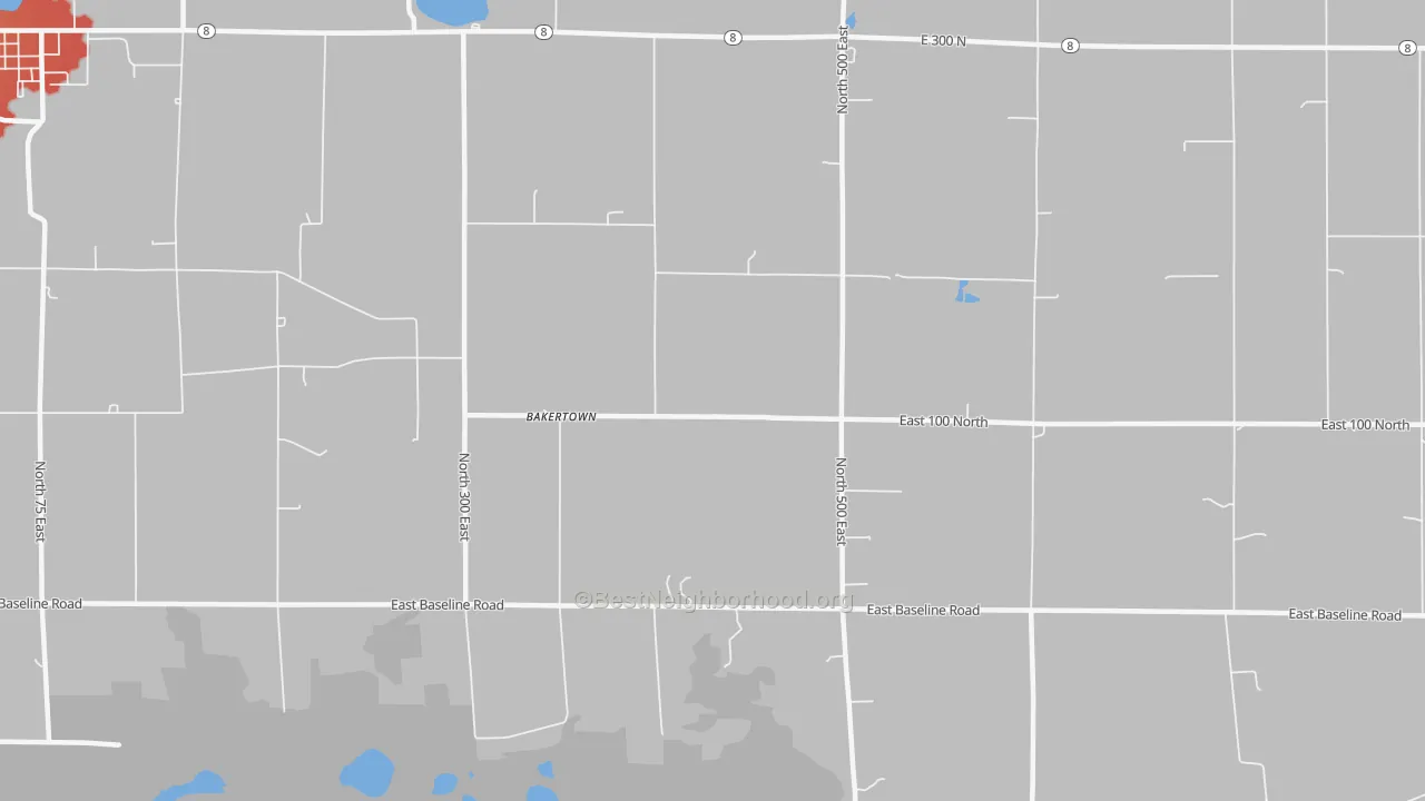 Walk Grade map of Bakertown, IN, walkable areas in green and car-dependent areas in red
