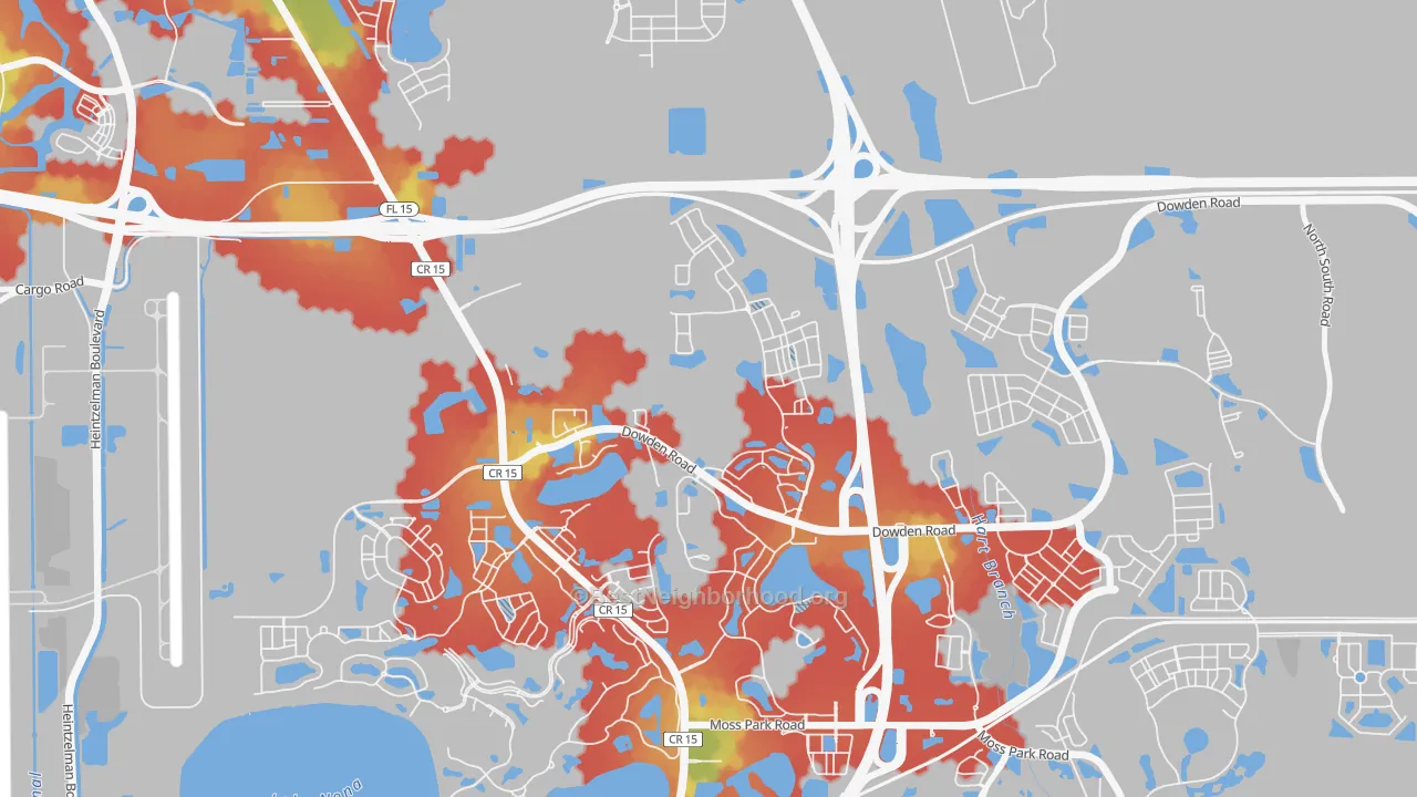 Walk Grade map of Bal Bay, Orlando, FL, walkable areas in green and car-dependent areas in red