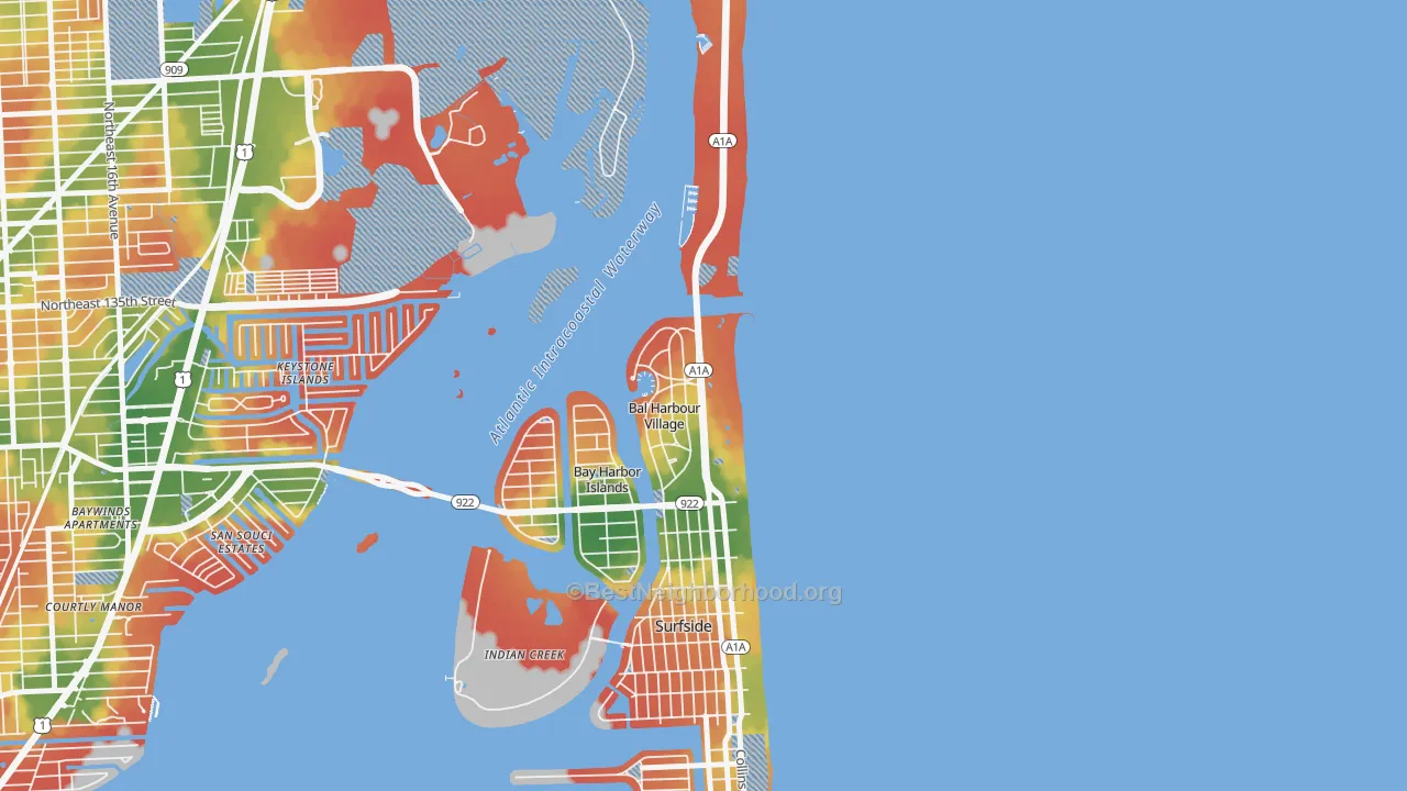 Walk Grade map of Bal Harbour, FL, walkable areas in green and car-dependent areas in red