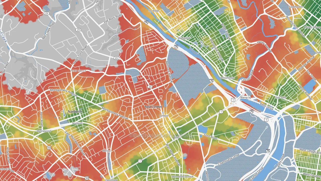 Walk Grade map of Bala Cynwyd, Bala-Cynwyd, PA, walkable areas in green and car-dependent areas in red