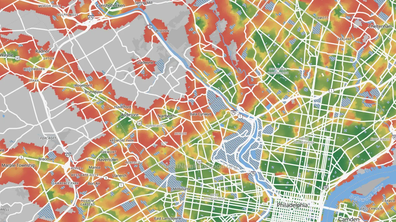 Walk Grade map of Bala-Cynwyd, PA, walkable areas in green and car-dependent areas in red