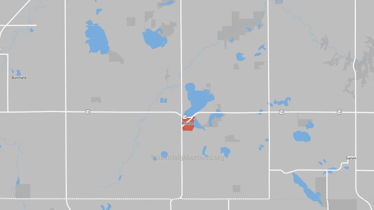 Walk Grade map of Balaton, MN, walkable areas in green and car-dependent areas in red