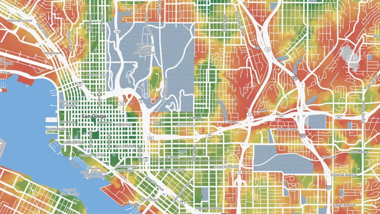 Walk Grade map of Balboa Park, San Diego, CA, walkable areas in green and car-dependent areas in red