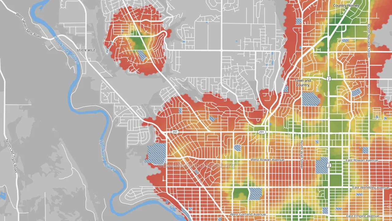 Walk Grade map of Balboa, Spokane, WA, walkable areas in green and car-dependent areas in red