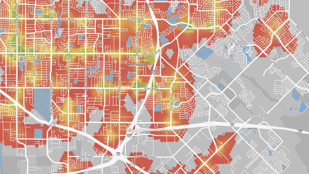 Walk Grade map of Balch Springs, TX, walkable areas in green and car-dependent areas in red