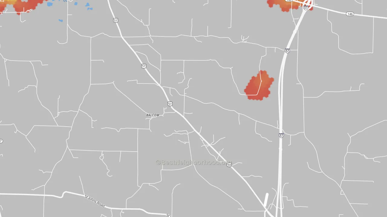 Walk Grade map of Balcom, IL, walkable areas in green and car-dependent areas in red