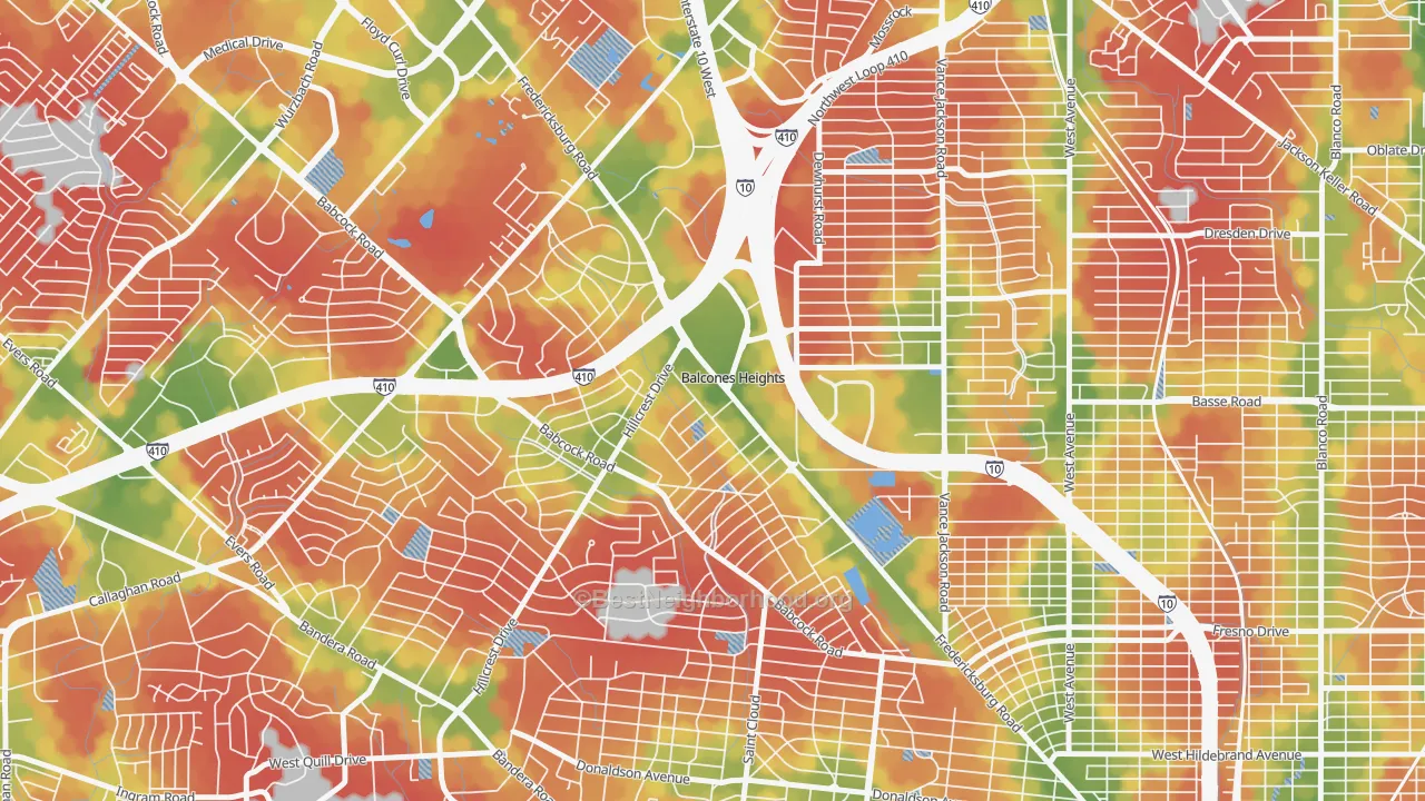 Walk Grade map of Balcones Heights, TX, walkable areas in green and car-dependent areas in red