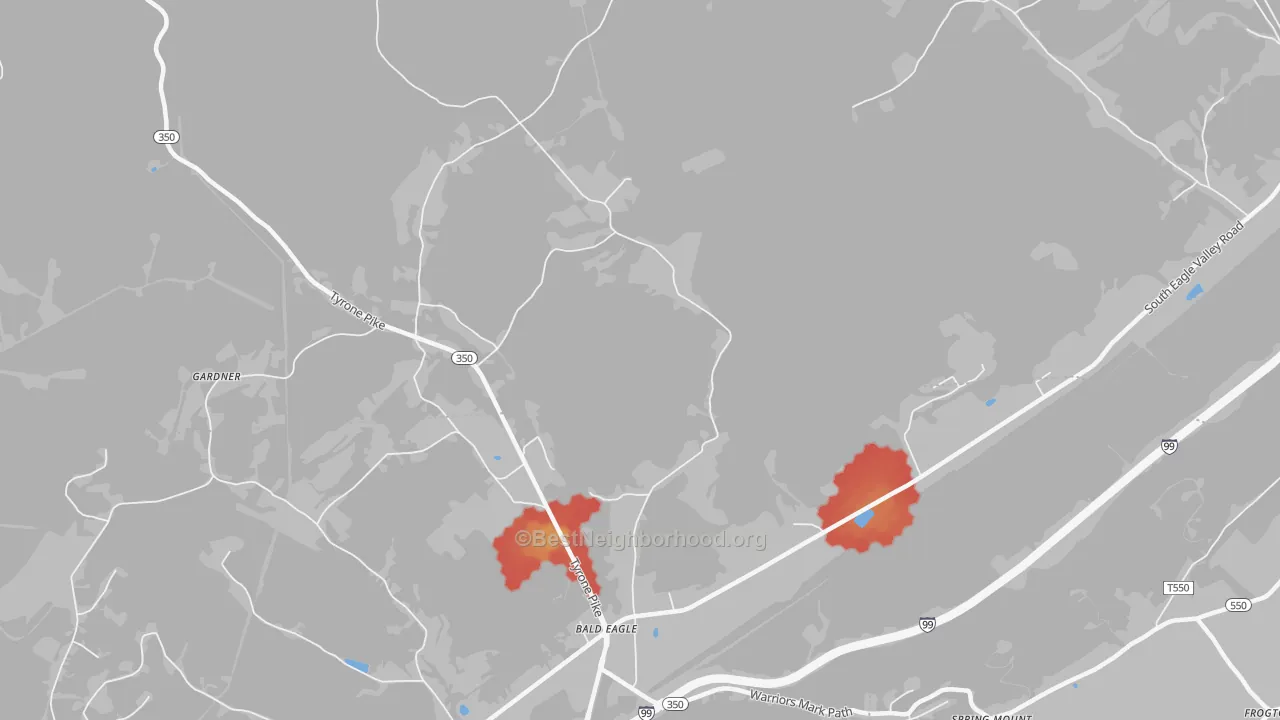 Walk Grade map of Bald Eagle, PA, walkable areas in green and car-dependent areas in red