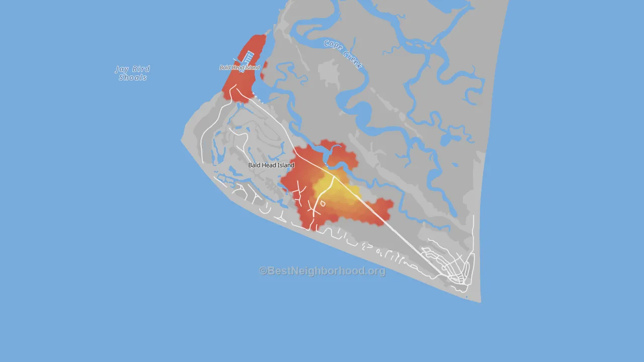 Walk Grade map of Bald Head Island, NC, walkable areas in green and car-dependent areas in red