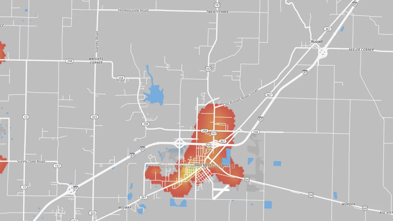 Walk Grade map of Bald Knob, AR, walkable areas in green and car-dependent areas in red