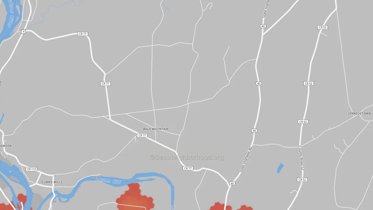 Walk Grade map of Bald Mountain, NY, walkable areas in green and car-dependent areas in red