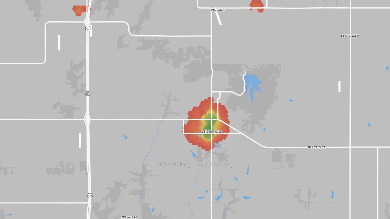 Walk Grade map of Baldwin City, KS, walkable areas in green and car-dependent areas in red
