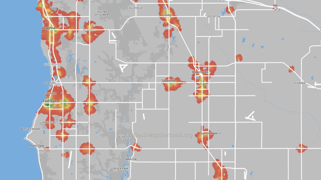 Walk Grade map of Baldwin County, AL, walkable areas in green and car-dependent areas in red