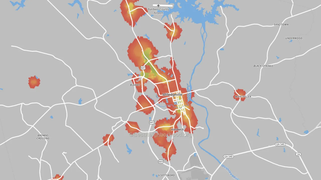 Walk Grade map of Baldwin County, GA, walkable areas in green and car-dependent areas in red