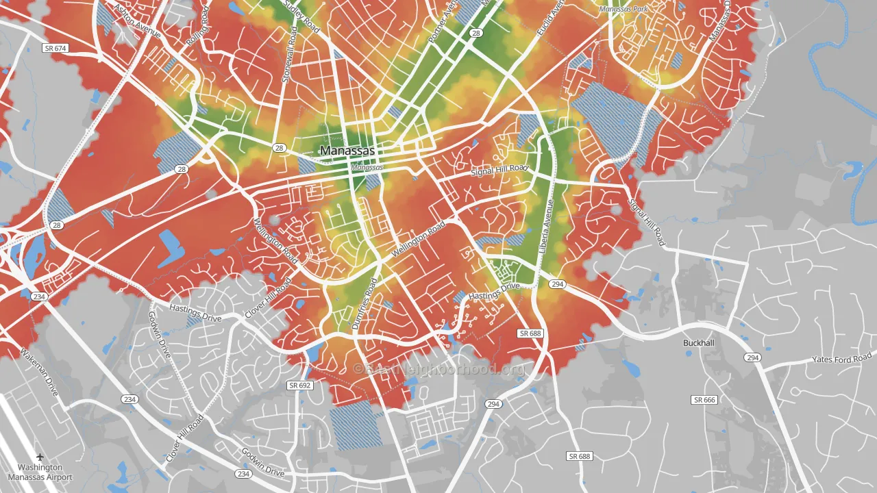 Walk Grade map of Baldwin District, Manassas, VA, walkable areas in green and car-dependent areas in red