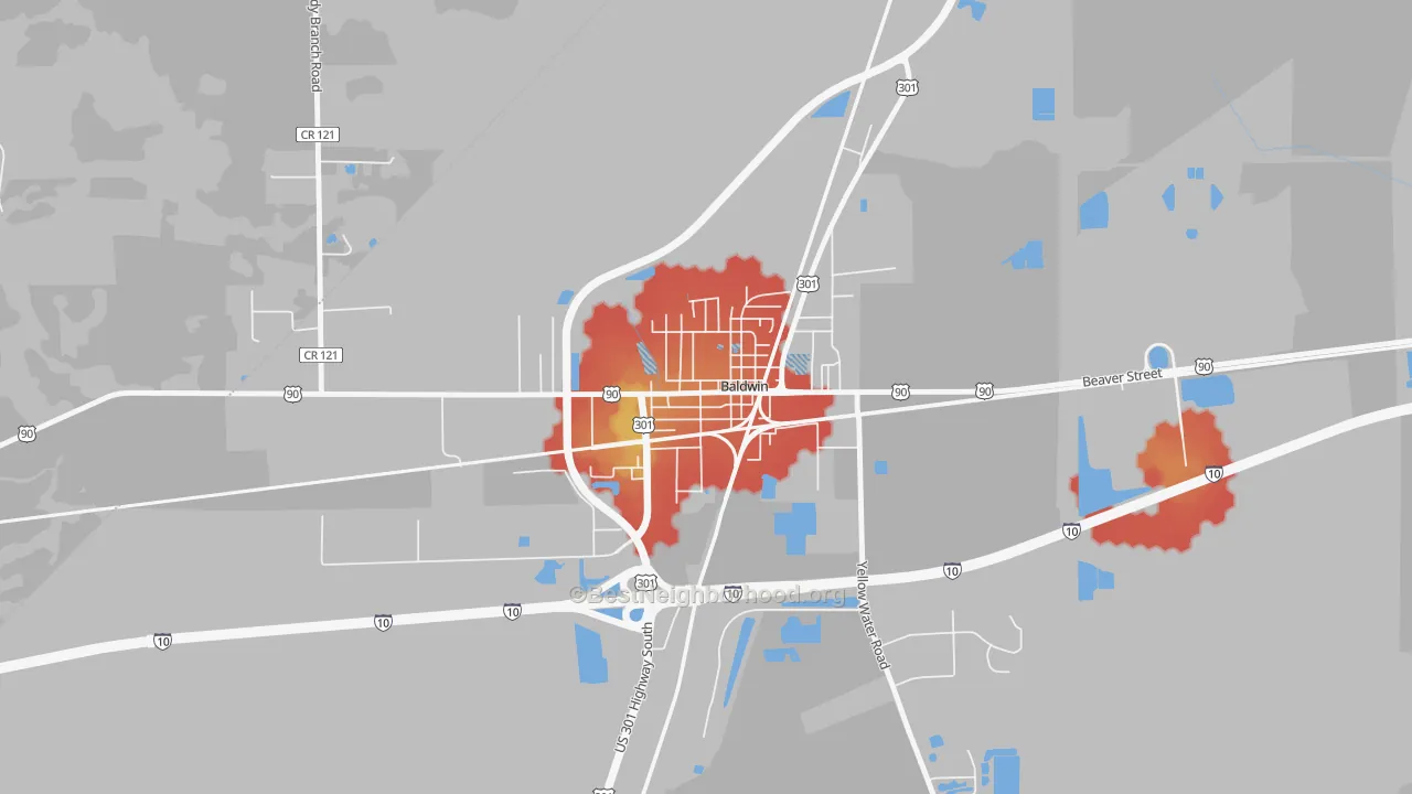 Walk Grade map of Baldwin, FL, walkable areas in green and car-dependent areas in red