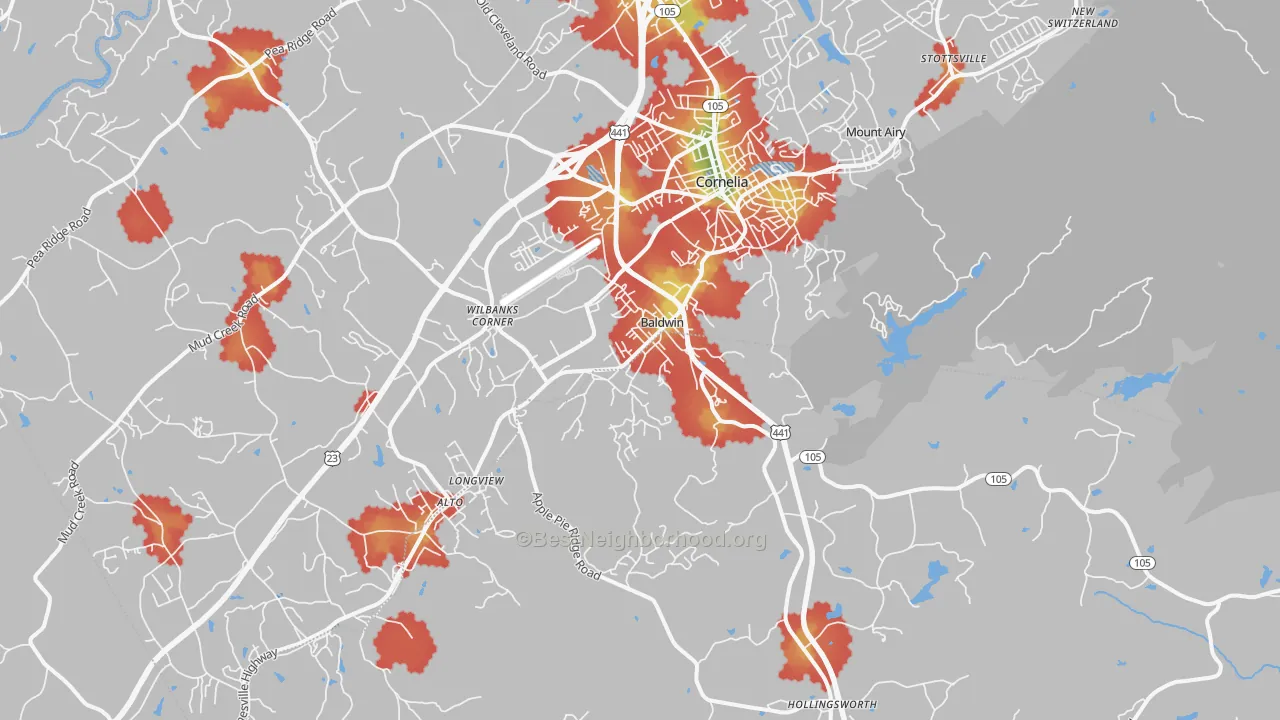 Walk Grade map of Baldwin, GA, walkable areas in green and car-dependent areas in red