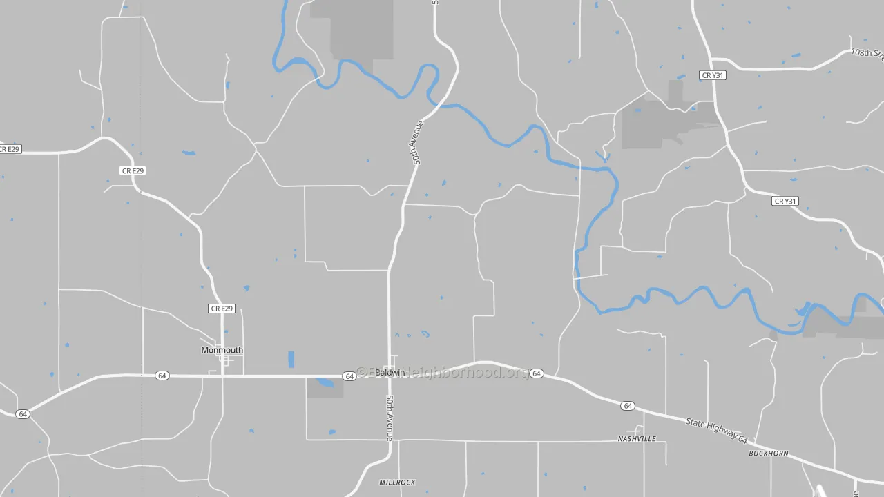 Walk Grade map of Baldwin, IA, walkable areas in green and car-dependent areas in red