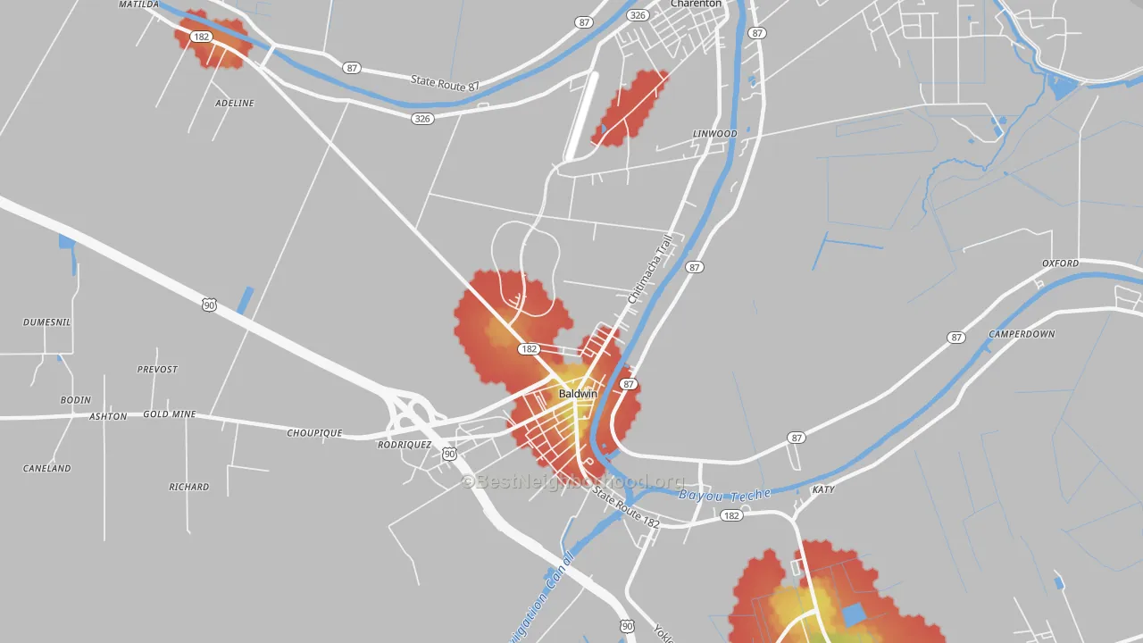 Walk Grade map of Baldwin, LA, walkable areas in green and car-dependent areas in red