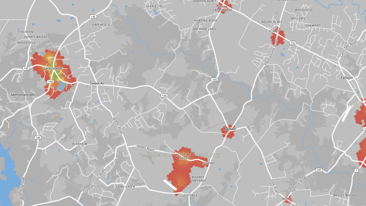 Walk Grade map of Baldwin, MD, walkable areas in green and car-dependent areas in red