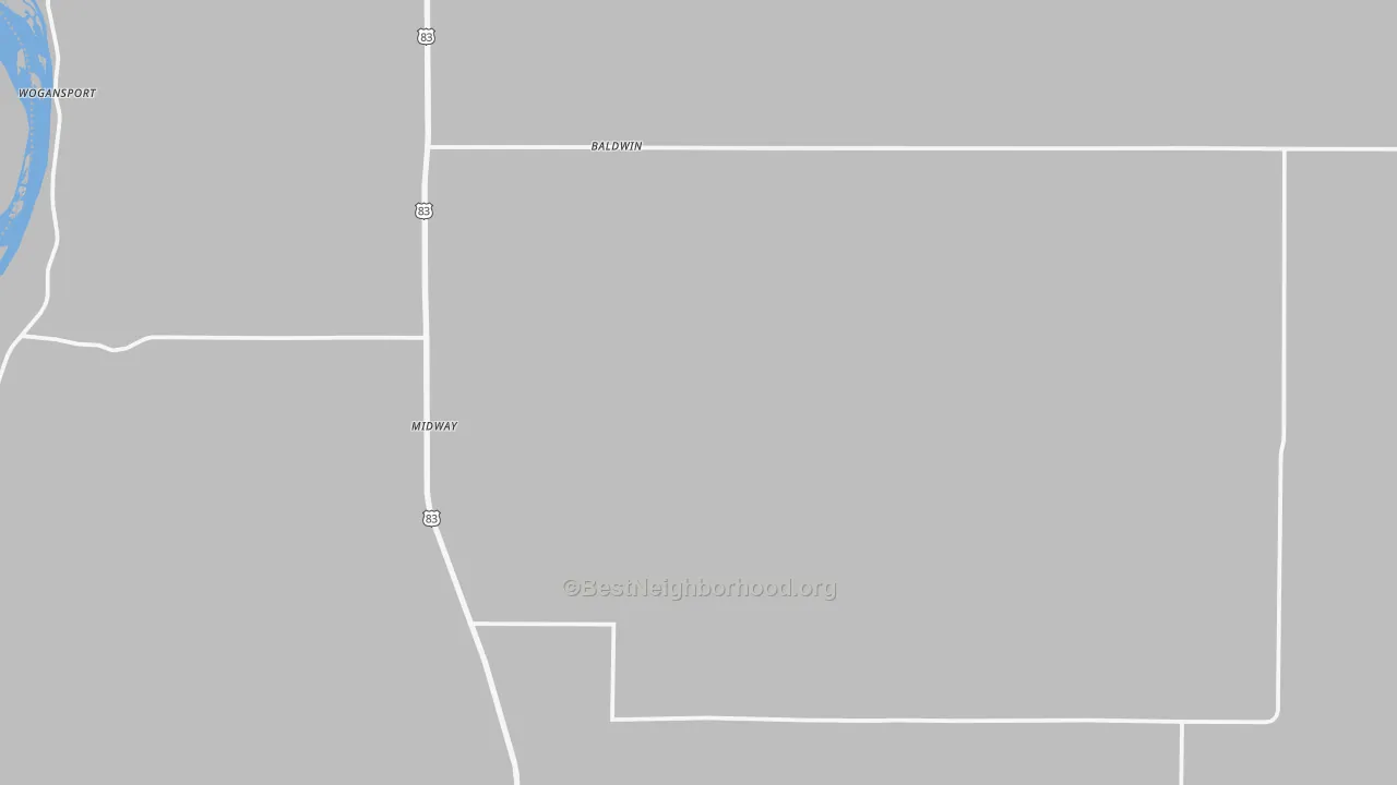 Walk Grade map of Baldwin, ND, walkable areas in green and car-dependent areas in red