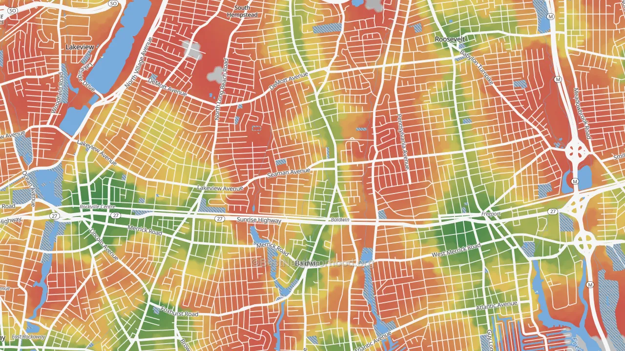 Walk Grade map of Baldwin, NY, walkable areas in green and car-dependent areas in red
