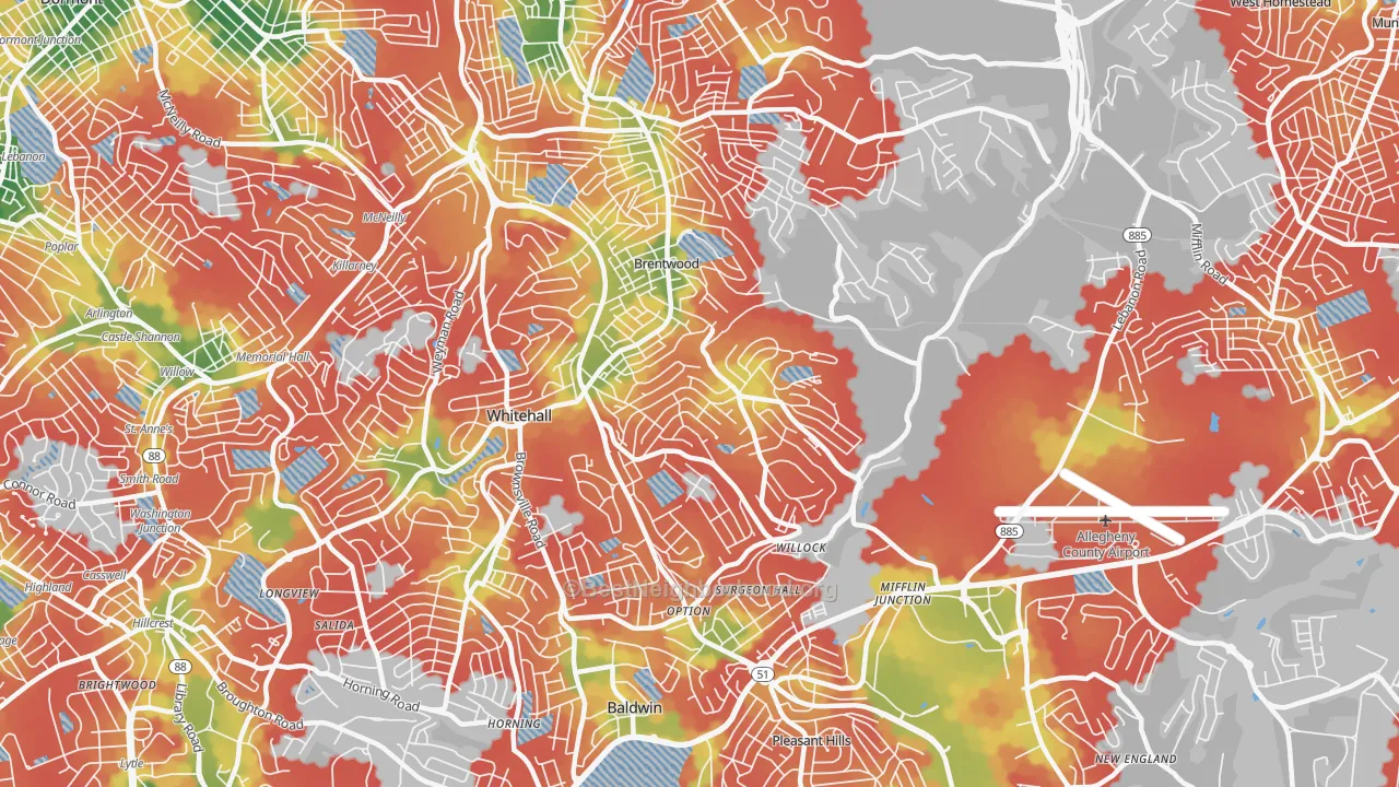 Walk Grade map of Baldwin, PA, walkable areas in green and car-dependent areas in red