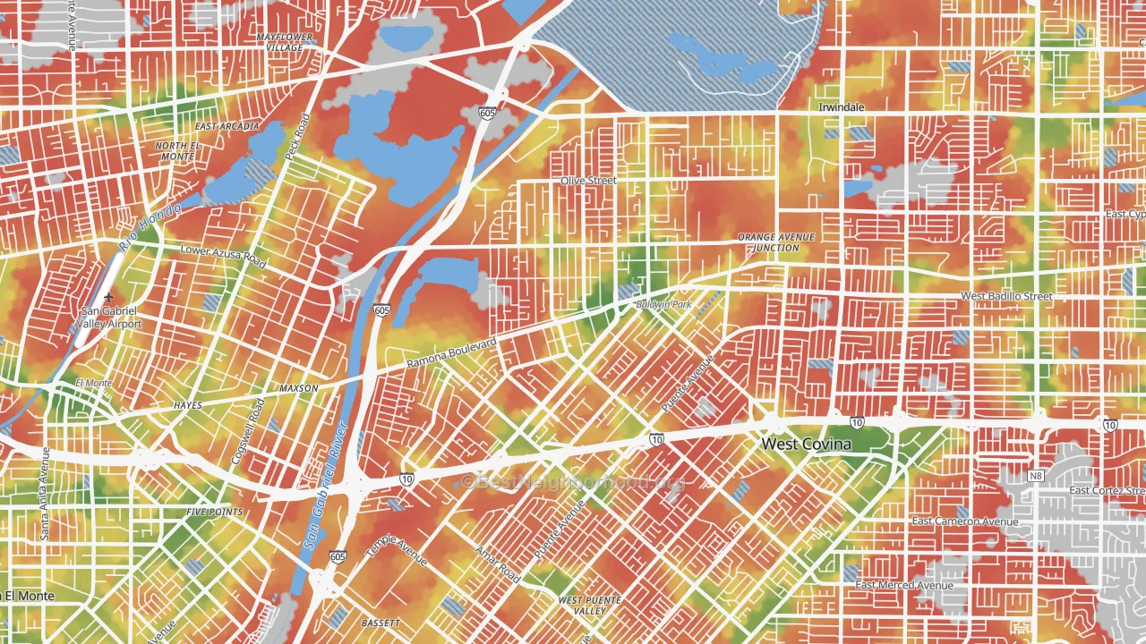 Walk Grade map of Baldwin Park, CA, walkable areas in green and car-dependent areas in red
