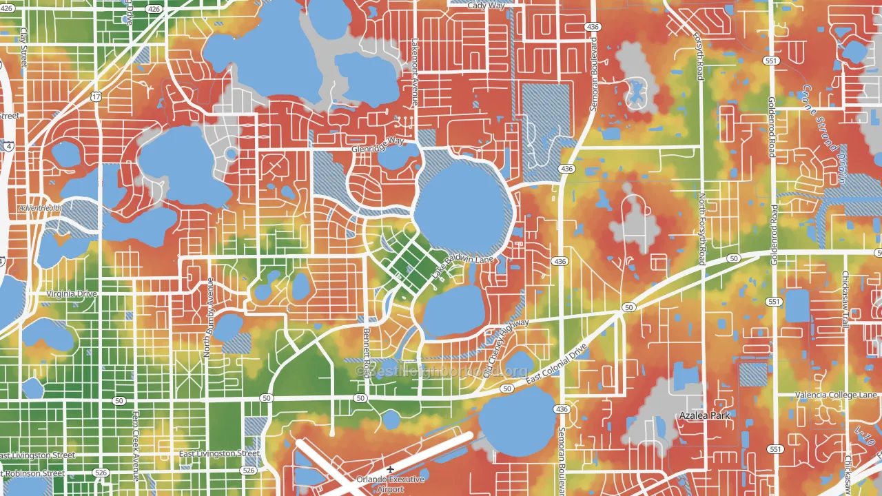 Walk Grade map of Baldwin Park, Orlando, FL, walkable areas in green and car-dependent areas in red
