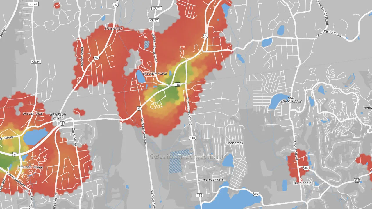 Walk Grade map of Baldwin Place, NY, walkable areas in green and car-dependent areas in red