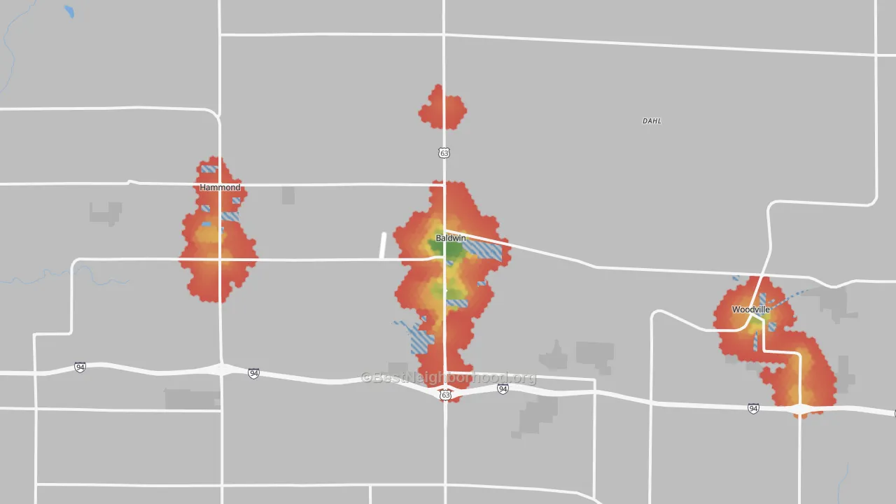 Walk Grade map of Baldwin, WI, walkable areas in green and car-dependent areas in red