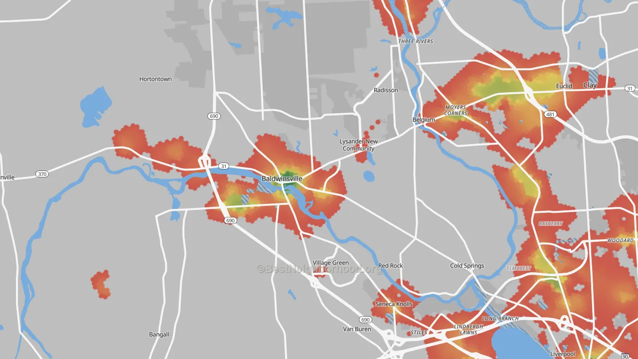 Walk Grade map of Baldwinsville, NY, walkable areas in green and car-dependent areas in red