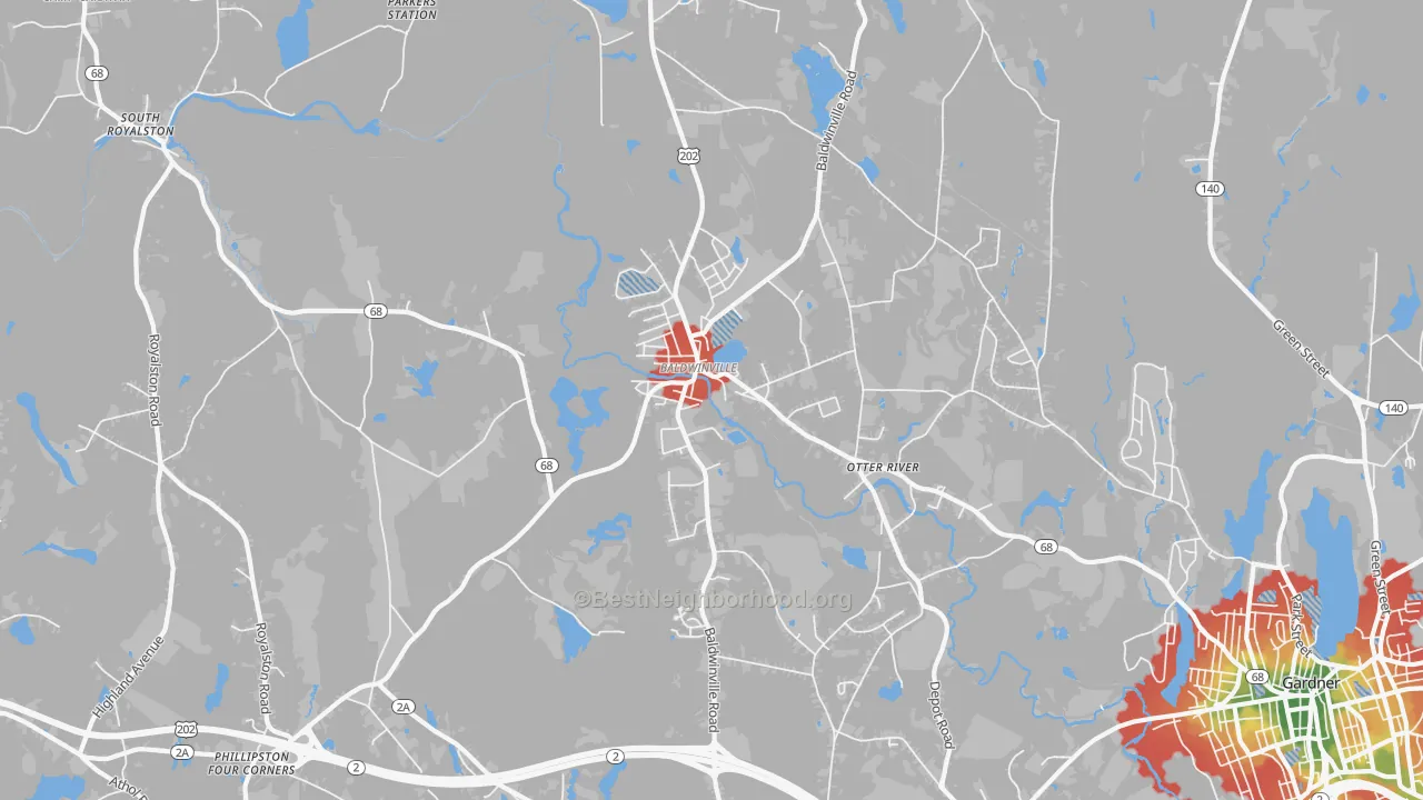 Walk Grade map of Baldwinville, MA, walkable areas in green and car-dependent areas in red
