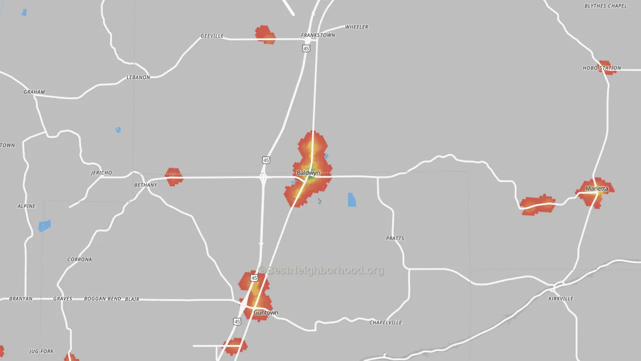 Walk Grade map of Baldwyn, MS, walkable areas in green and car-dependent areas in red