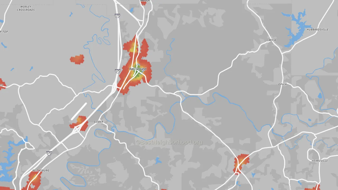 Walk Grade map of Ball Ground, GA, walkable areas in green and car-dependent areas in red