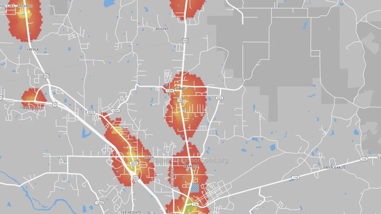 Walk Grade map of Ball, LA, walkable areas in green and car-dependent areas in red